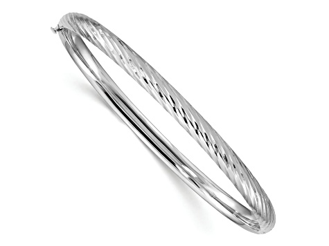 Rhodium Over 14k White Gold 4.75mm Diamond-Cut Textured Hinged Bangle