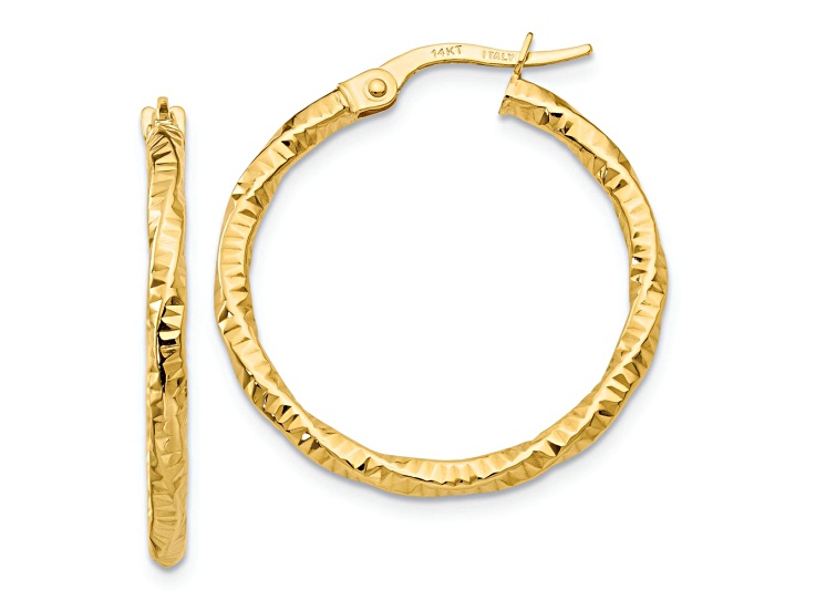 10k Yellow Gold 1" Polished and Textured Hoop Earrings