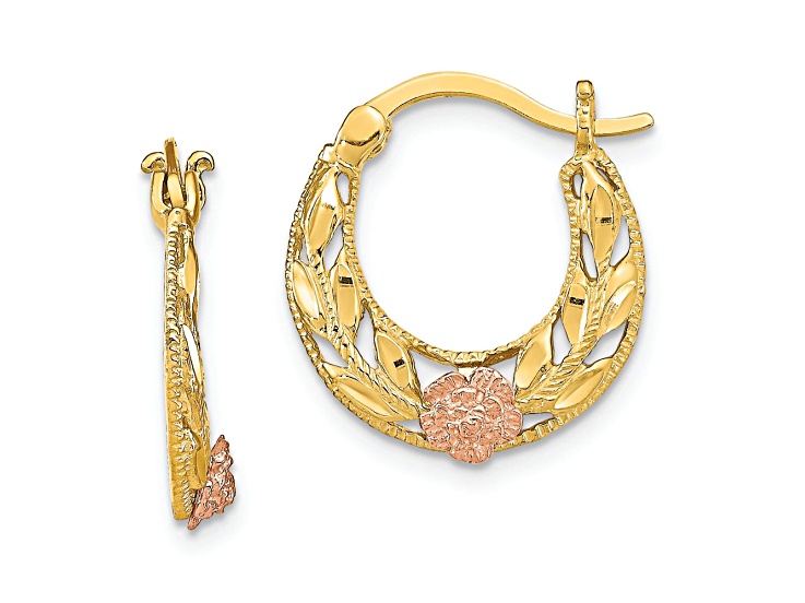 14K Yellow Gold and 14K Rose Gold Diamond-Cut 11/16" Flowers Hoop Earrings
