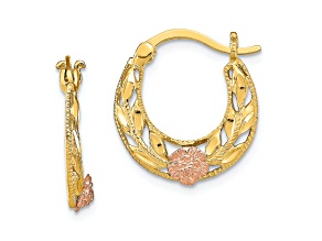 14K Yellow Gold and 14K Rose Gold Diamond-Cut 11/16" Flowers Hoop Earrings