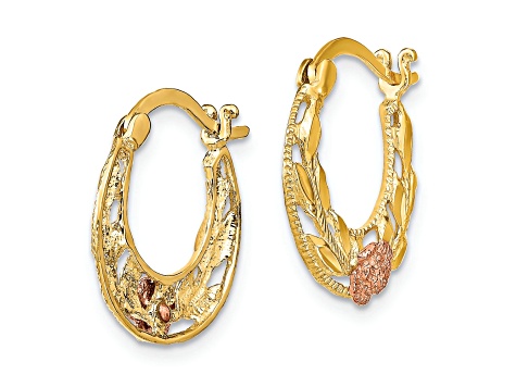 14K Yellow Gold and 14K Rose Gold Diamond-Cut 11/16" Flowers Hoop Earrings