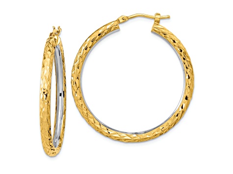 14k Yellow Gold and Rhodium Over 14k Yellow Gold 1 3/8" Polished Diamond-Cut Circle Hoop Earrings