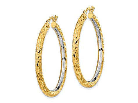 14k Yellow Gold and Rhodium Over 14k Yellow Gold 1 3/8" Polished Diamond-Cut Circle Hoop Earrings