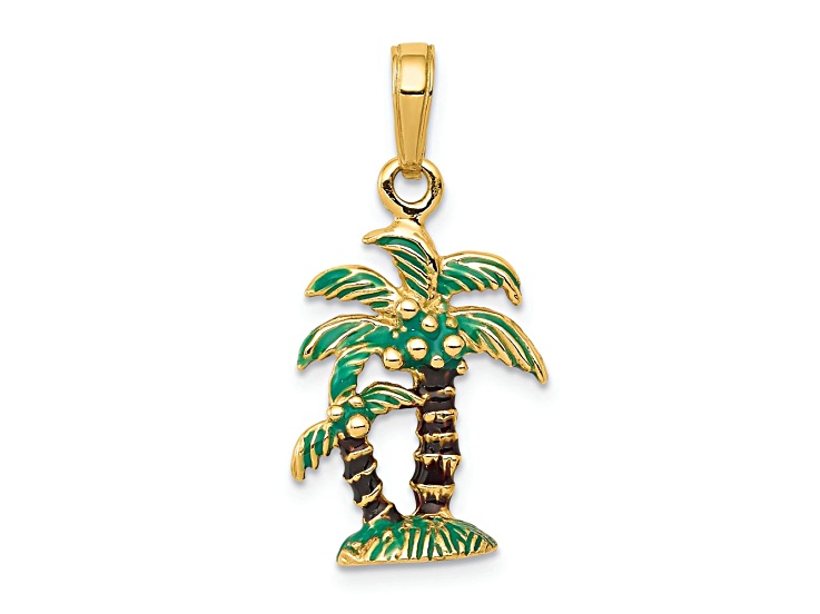 14k Yellow Gold 3D Textured Enameled Palm Trees Pendant