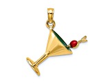 14k Yellow Gold Polished Red and Green Enamel 3D Martini with Cherry Charm