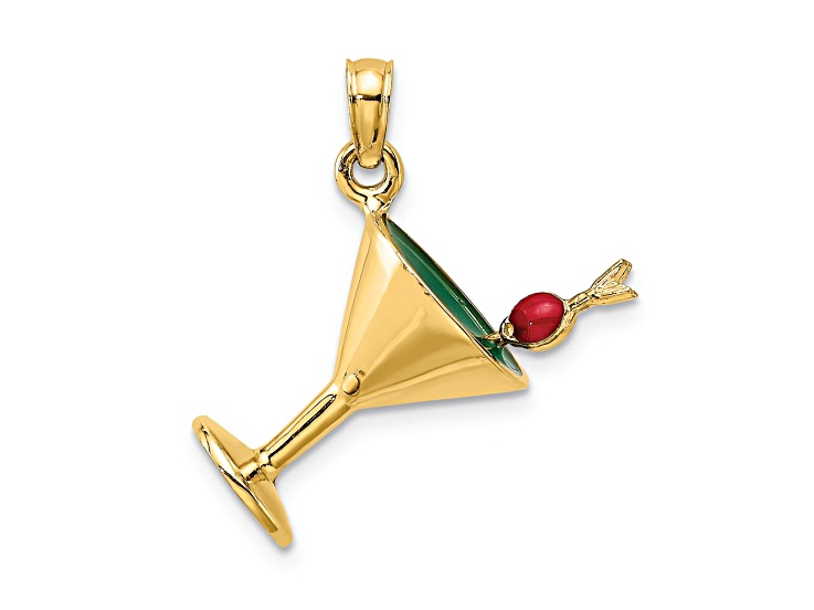 14k Yellow Gold Polished Red and Green Enamel 3D Martini with Cherry Charm