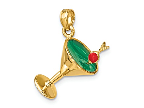 14k Yellow Gold Polished Red and Green Enamel 3D Martini with Cherry Charm