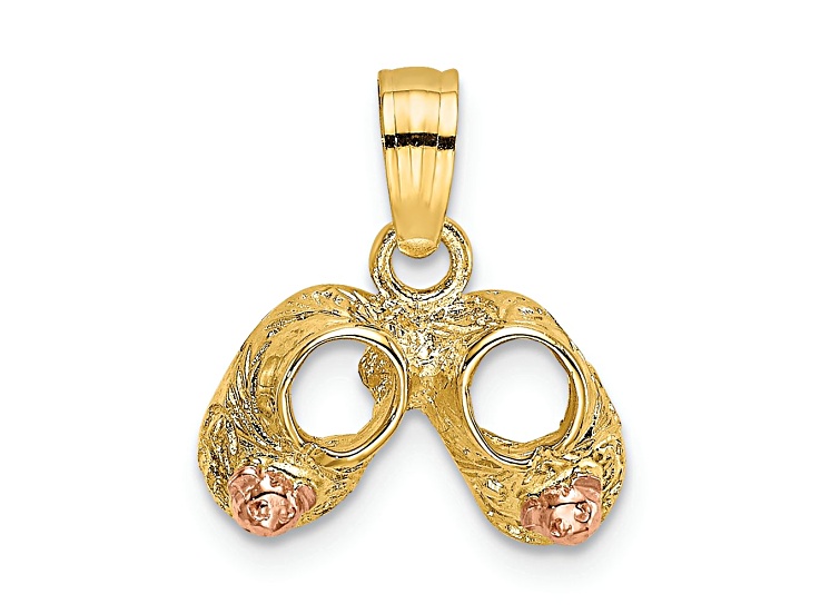 14K Two-tone Gold  3D and Textured Baby Booties with Teddy Bear Charm