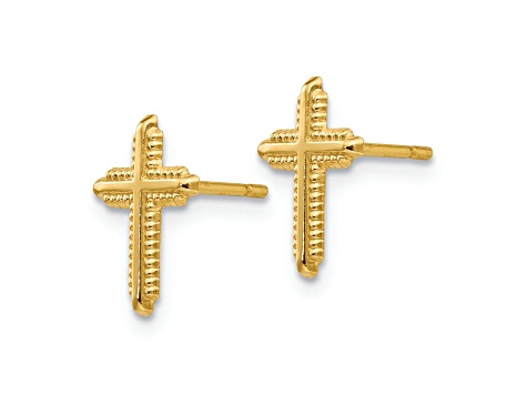 10k Yellow Gold Polished and Textured Cross Stud Earrings