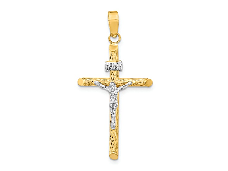 14k Yellow Gold and Rhodium Over 14k Yellow Gold Polished and Textured INRI Crucifix Cross Pendant
