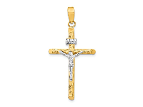 14k Yellow Gold and Rhodium Over 14k Yellow Gold Polished and Textured INRI Crucifix Cross Pendant