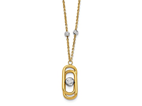 14k Yellow Gold and 14k White Gold Polished Diamond-Cut Fancy Pendant Cable Link 17 Inch Necklace