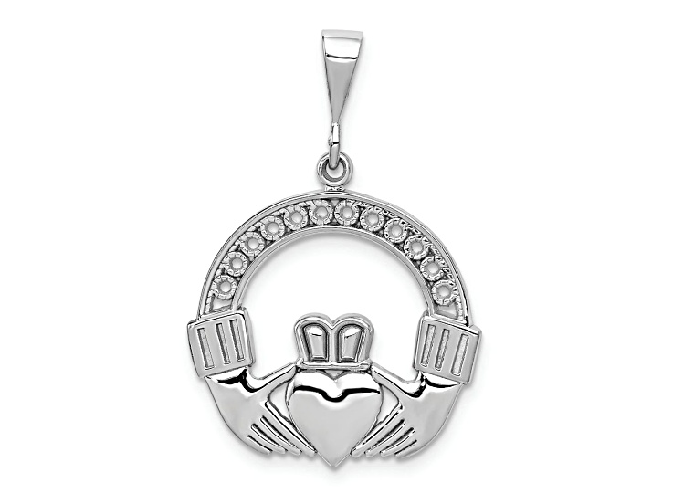 Rhodium Over 14k White Gold Textured Claddagh Pendant