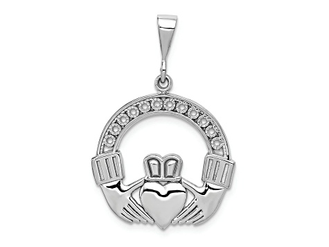 Rhodium Over 14k White Gold Textured Claddagh Pendant