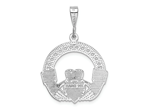 Rhodium Over 14k White Gold Textured Claddagh Pendant