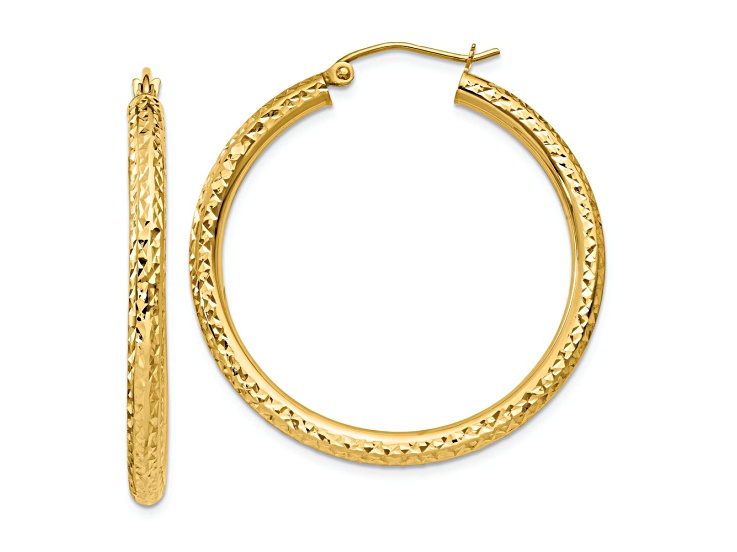 10k Yellow Gold Diamond-Cut 1 3/16" Round Hoop Earrings