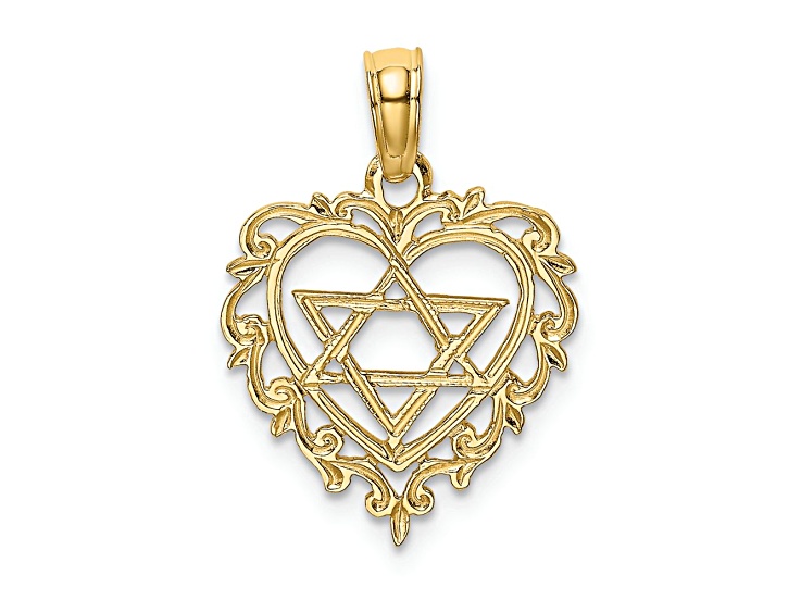 14k Yellow Gold Textured Star of David in Heart Charm