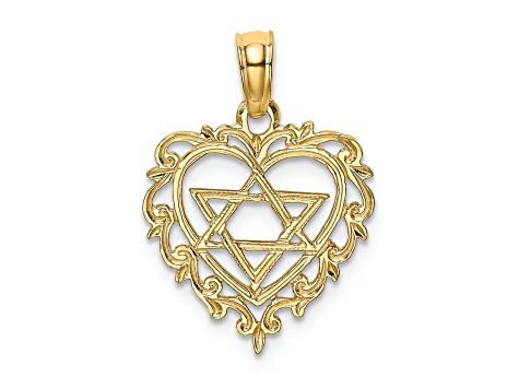 14k Yellow Gold Textured Star of David in Heart Charm