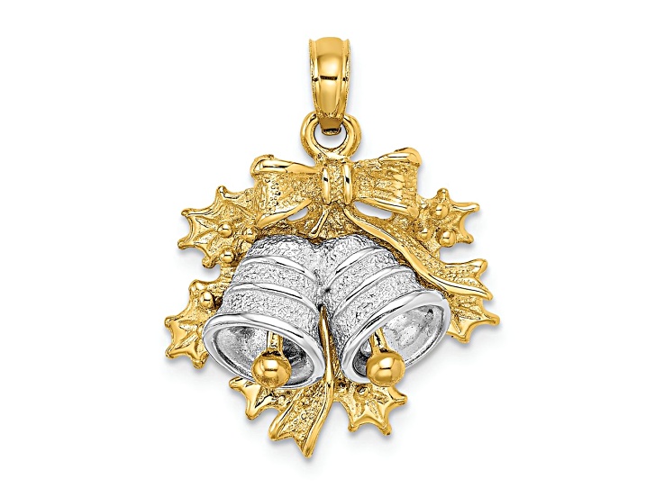 14K Two-tone Gold  3D Textured Moveable Christmas Bell and Holly Charm