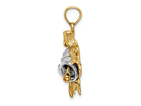14K Two-tone Gold  3D Textured Moveable Christmas Bell and Holly Charm
