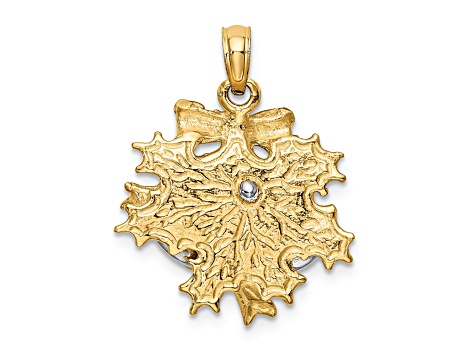 14K Two-tone Gold  3D Textured Moveable Christmas Bell and Holly Charm