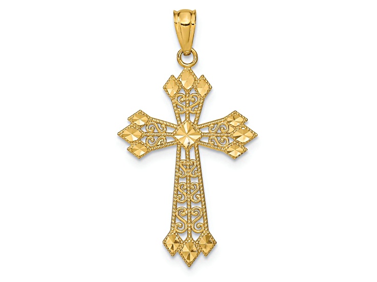 14k Yellow Gold Diamond-Cut Polished Filigree Cross Pendant