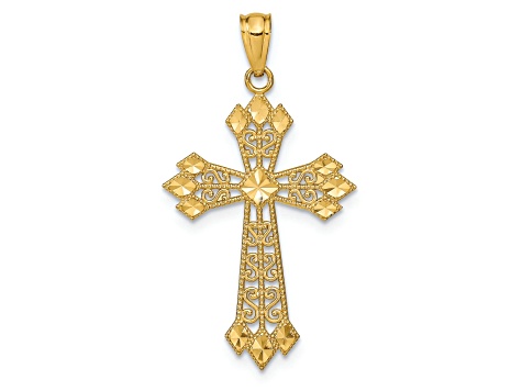 14k Yellow Gold Diamond-Cut Polished Filigree Cross Pendant