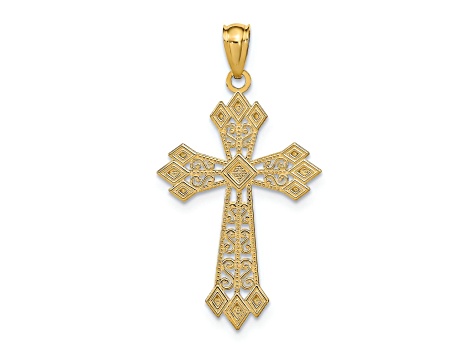 14k Yellow Gold Diamond-Cut Polished Filigree Cross Pendant