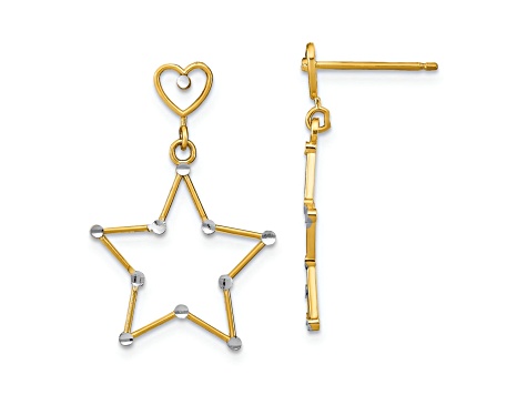 14K Two-tone Gold Diamond-Cut Heart and Star Dangle Earrings