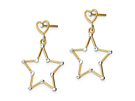 14K Two-tone Gold Diamond-Cut Heart and Star Dangle Earrings