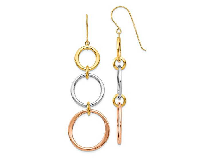 14K Tri-color gold Triple Circle Dangle Earrings