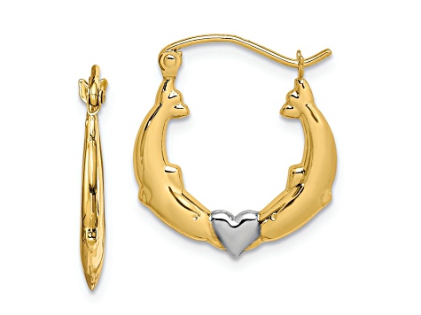 10k Yellow Gold and Rhodium Over 10k Yellow Gold 3/4" Dolphin Heart Hoop Earrings