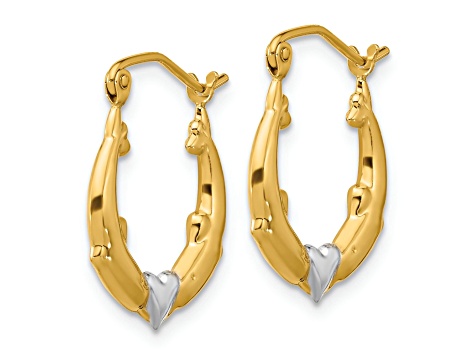 10k Yellow Gold and Rhodium Over 10k Yellow Gold 3/4" Dolphin Heart Hoop Earrings