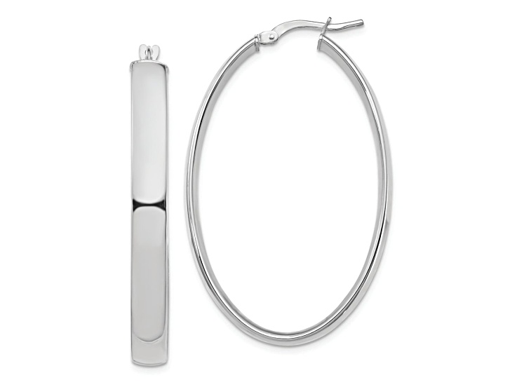 Rhodium Over 14k White Gold 1 3/4" High Polished Oval Hoop Earrings