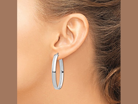 Rhodium Over 14k White Gold 1 3/4" High Polished Oval Hoop Earrings
