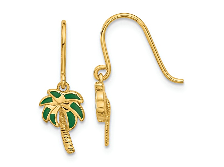 14k Yellow Gold Polished and Textured Green Enameled Palm Tree Dangle Earrings