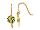 14k Yellow Gold Polished and Textured Green Enameled Palm Tree Dangle Earrings