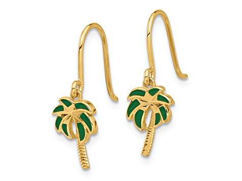 14k Yellow Gold Polished and Textured Green Enameled Palm Tree Dangle Earrings