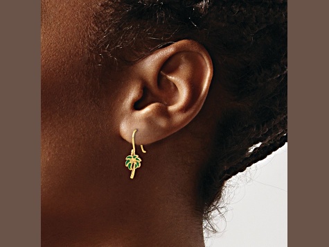 14k Yellow Gold Polished and Textured Green Enameled Palm Tree Dangle Earrings