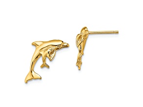 14k Yellow Gold Polished Dolphin and Baby Earrings