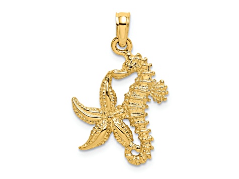 14k Yellow Gold Textured Starfish and Seahorse Charm