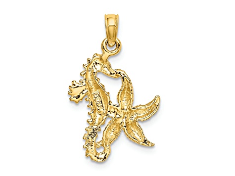 14k Yellow Gold Textured Starfish and Seahorse Charm