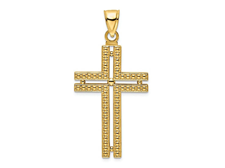 14k Yellow Gold Polished Beaded Textured Cross Pendant