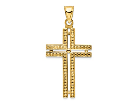 14k Yellow Gold Polished Beaded Textured Cross Pendant