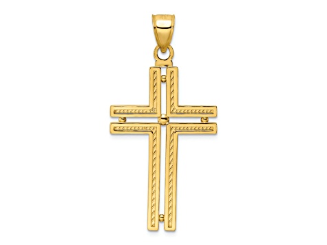 14k Yellow Gold Polished Beaded Textured Cross Pendant