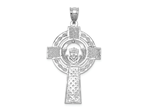 Rhodium Over 14K White Gold Celtic Claddagh Cross Pendant