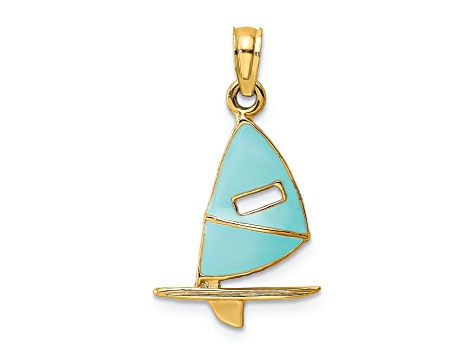 14k Yellow Gold Aqua Enameled Windsail Surf Board Charm