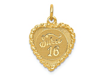 Picture of 14k Yellow Gold Diamond-Cut and Laser Design Sweet Sixteen Heart Charm