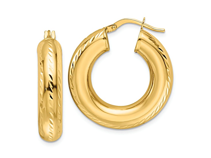 10k Yellow Gold 1 1/8" Polished and Diamond-Cut Round Hoop Earrings