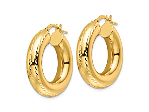 10k Yellow Gold 1 1/8" Polished and Diamond-Cut Round Hoop Earrings